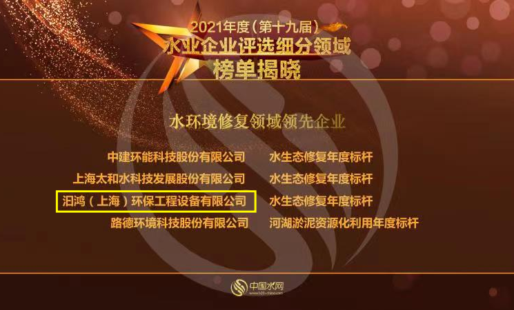 喜報！汩鴻環(huán)保榮獲“2021年度水環(huán)境修復領域領先企業(yè)”